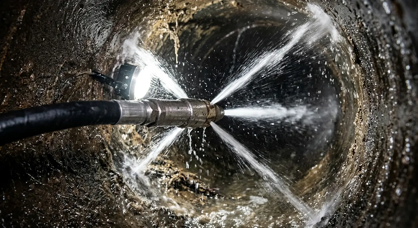 High-pressure hydro jetting nozzle cleaning sewer pipe for Storm Drain Cleaning in Avon