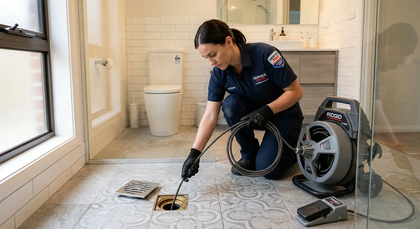 Technician clearing a bathroom floor drain for Drain Cleaning in Avon
